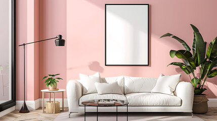 Pink walls, Frame mockup, ISO A paper size, modern bedroom. Generative AI