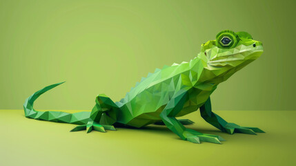 Fototapeta premium Creative and vibrant green origami lizard, perfectly aligned with a monochromatic green background, showcasing the art of paper folding.