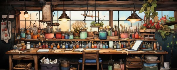 Workshop background flat design top view rustic woodworking studio theme water color Triadic Color Scheme