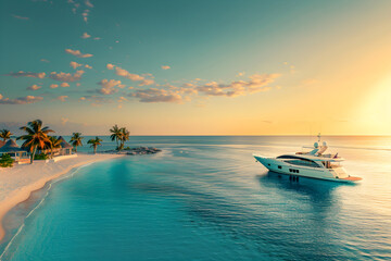 Exclusive and Secluded Yachting Destination: Pristine Beach with Luxury Yacht Moored Offshore