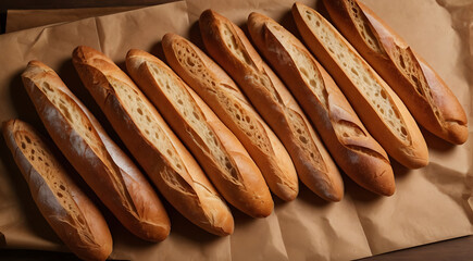 Top view shot of Some Fresh tasty baguettes on brown craft paper, close up, French breakfast concept
