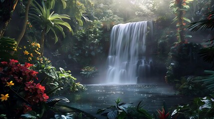 A secluded waterfall hidden deep within a lush tropical jungle, with exotic flowers blooming nearby.