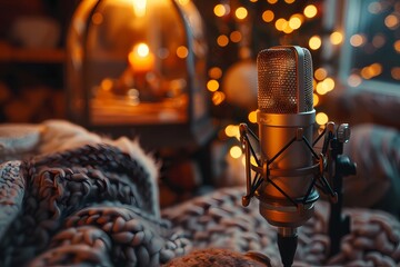 ASMR concept, A close-up Woman hand gently tapping and scratching a microphone,  creating soothing ASMR sounds,  for relaxation, good sleep and stress relief, recording, podcast 
