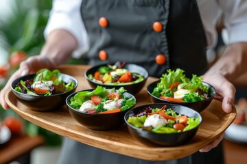 A waiter carrying a tray with assorted individual salad bowls ready to be served to waiting patrons in the dining area