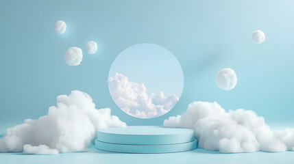 Abstract display podium with cartoon cloud floating on baby blue background, background with white...