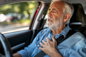 A man in a car one hand on the steering wheel the other on his chest as he experiences sharp chest pain
