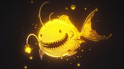 cute kawaii yellow lamp anglerfish on black background