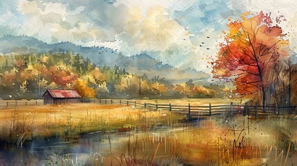 watercolor A beautiful landscape painting of a rural scene with a red barn, a stream, and a tree with red leaves.