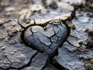 Heart-Shaped Crack in Dried Mud Close-Up: Symbol of Resilience and Love Amidst Parched Earth with Intricate Soil Texture and Moisture Patches