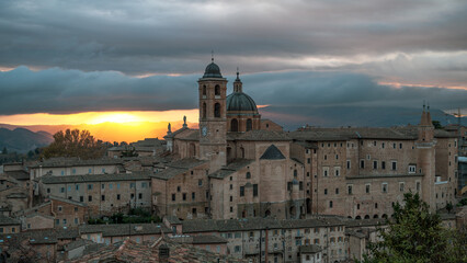 View of the medieval village of Urbino at dawn