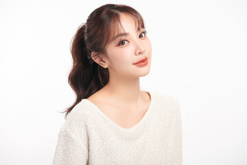 Fototapeta premium Beautiful young asian woman with clean fresh skin on white background, Face care, Facial treatment, Cosmetology, beauty and spa, Asian women portrait.