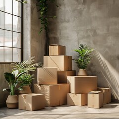 Stack of cardboard boxes mockup --stylize 250 Job ID: e5814fa2-5062-4a61-97eb-340ff3861b79