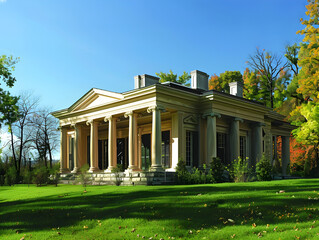 Obraz premium Stately Neoclassical Building with Ornate Columns in Early Autumn Luxurious Timeless Architecture, Lush Manicured Lawn, Vibrant Trees, and Clear Blue Sky Serene Historic Grandeur and Tranquility