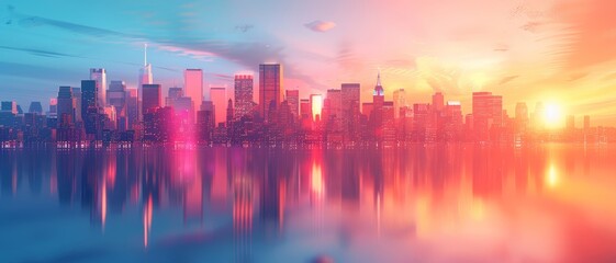 Stunning sunset over a modern city skyline, with vibrant reflections on the water, showcasing the beauty of urban architecture.
