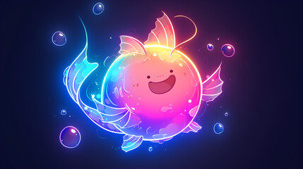 cute kawaii neon lamp anglerfish on black background