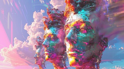 Surreal artwork featuring multiple colorful human-like faces blending into a vibrant sky with dreamy clouds and abstract elements.