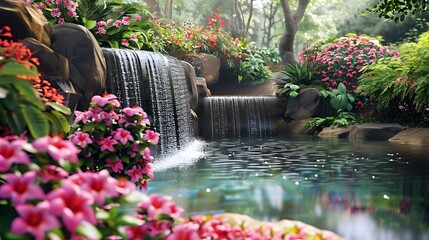 A tranquil oasis with a gentle waterfall flowing into a peaceful pond surrounded by colorful flowers.