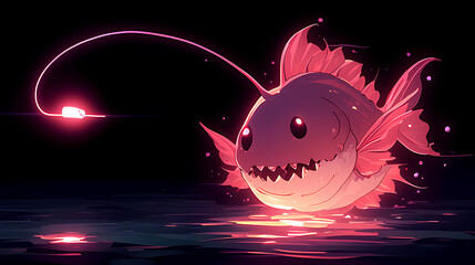 cute kawaii lamp anglerfish on black background
