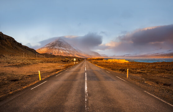 Ring road number 1 in southern Iceland with mountains and glaciers in the background