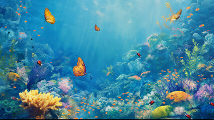 Fototapeta na wymiar A vibrant underwater scene with colorful coral reefs, tropical fish, and orange butterflies swimming in the clear blue water, creating a surreal aquatic world.