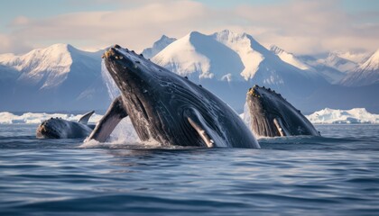Fototapeta premium Groups of Orcas or killer whales swim and hunt for prey, the top of the food chain in a sea of ​​ice floes