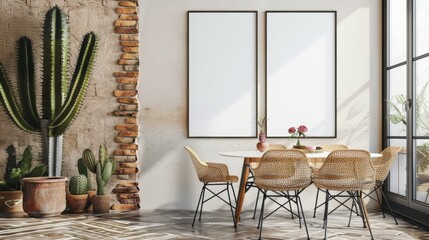 Cozy dining area with cacti, wooden table, and blank frame, rustic style, Frame mockup