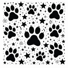 Black Paw prints background with stars decoration