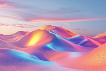 Vibrant desert landscape with colorful sand dunes in soft pastel hues, captured at sunrise with a dreamy and surreal ambiance.