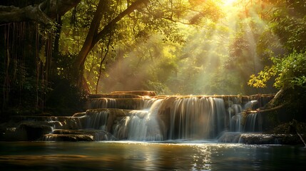 A tranquil waterfall gently flowing through a peaceful forest clearing, with sunlight filtering...