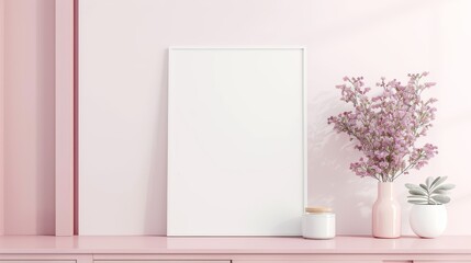 Elegant pink framed mockup with floral decor, pink background, perfect for artwork display and design templates, Frame mockup