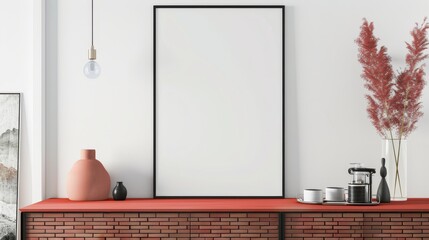 Modern black framed mockup with pink plant, elegant white background, perfect for interior design and artwork display, Frame mockup