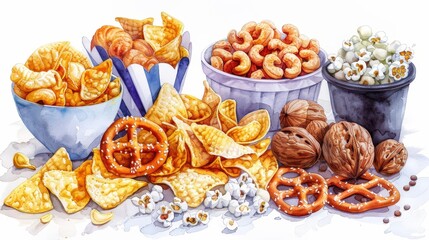 watercolor Various salty snacks are arranged in a colorful still life.