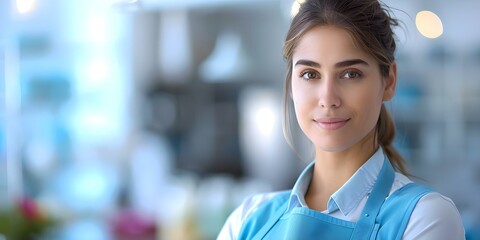 Portrait of a professional woman cleaner in blue apron for housekeeping service. Concept Cleaning service, Professional woman, Blue apron, Housekeeping, Portrait photograph