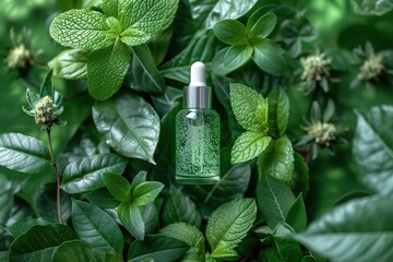 cosmetic laboratory research and development science bio skincare cream serum product with leaves natural organic beauty cosmetics concept cosmetology