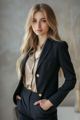 people of ai // blonde girl in business, elegant black suit with gold buttons, standing tall and confident, office background, photorealistic // ai-generated 