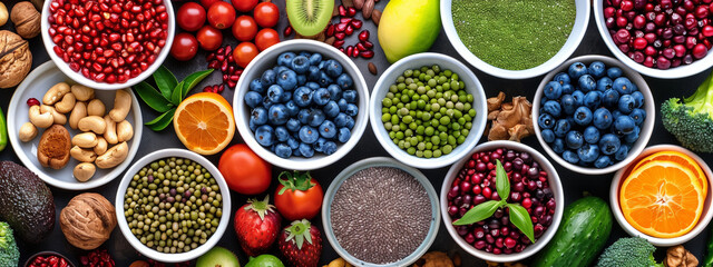 Selection of healthy foods with the concept of detox and clean diet, rich in vitamins, minerals, antioxidants and anti-aging properties, captured from above.