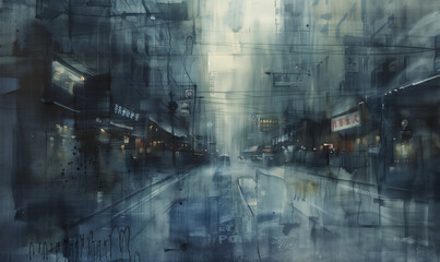 Muted shades of gray and blue flow together, with only the faint outlines of buildings and street signs barely visible, as if a watercolor painting had come to life through blurry windows.