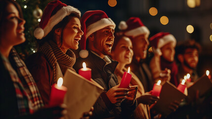Diverse Group of People Wearing Christmas Hats and Holding Candles