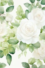 Create a seamless floral pattern with white roses and green leaves in a watercolor style