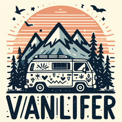 Vanlifer van life lettering decor. Mountains, sunset and forest landscape cute hand drawn vintage illustration road trip lifestyle. Minimalist retro vector text for clothing and printable products.