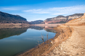 Desolate landscape of the Panta de Sau reservoir in Catalonia, Spain.