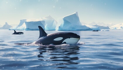 Groups of Orcas or killer whales swim and hunt for prey, the top of the food chain in a sea of ​​ice floes