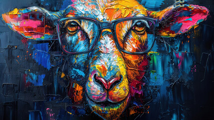   A painting of a sheep with glasses on its face and a building in the background is captured in this close-up image