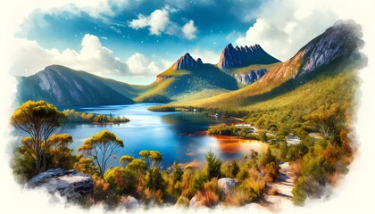 Obraz premium Cradle Mountain-Lake St Clair National Park is located in Tasmania. There are beautiful mountains and lakes. It is popular for hiking and climbing.