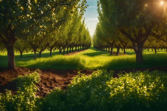 Alberi da frutta. Frutteto al tramonto illuminato dal sole. Natura, coltivazione naturale