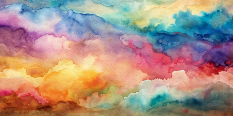 The bright colors blend together in a watercolor style, evoking the appearance of a dreamy skyline. Shades range from deep purples and blues to bright yellows and pinks.AI generated.