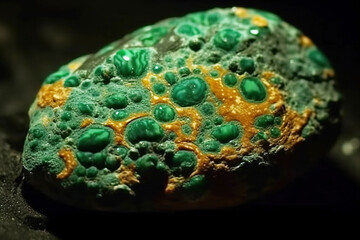 Kasolite is a rare precious natural stone on a black background. AI generated. Header banner mockup with space.