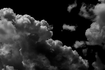 Separate white clouds on a black background have real clouds. White clouds isolated on a black background are realistic clouds, Smoke explosions abstract clouds
