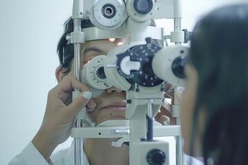 A woman sitting at an optometrist office with a closeup on her face as she looks into a phoropter during an eye exam