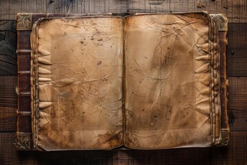 An aged leather bound book opened to a blank spread on a wooden backdrop